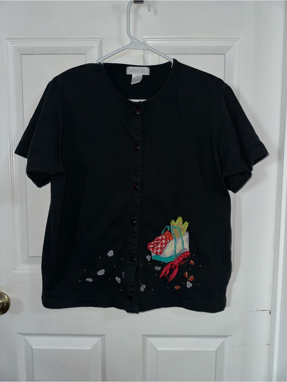 Vintage Arriviste Black Button-down Embroidered Top Size Large